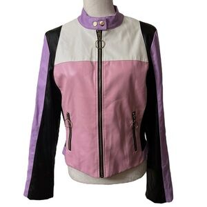 Faux leather moto jacket Color block pink purple black white XL Multicolor NWT